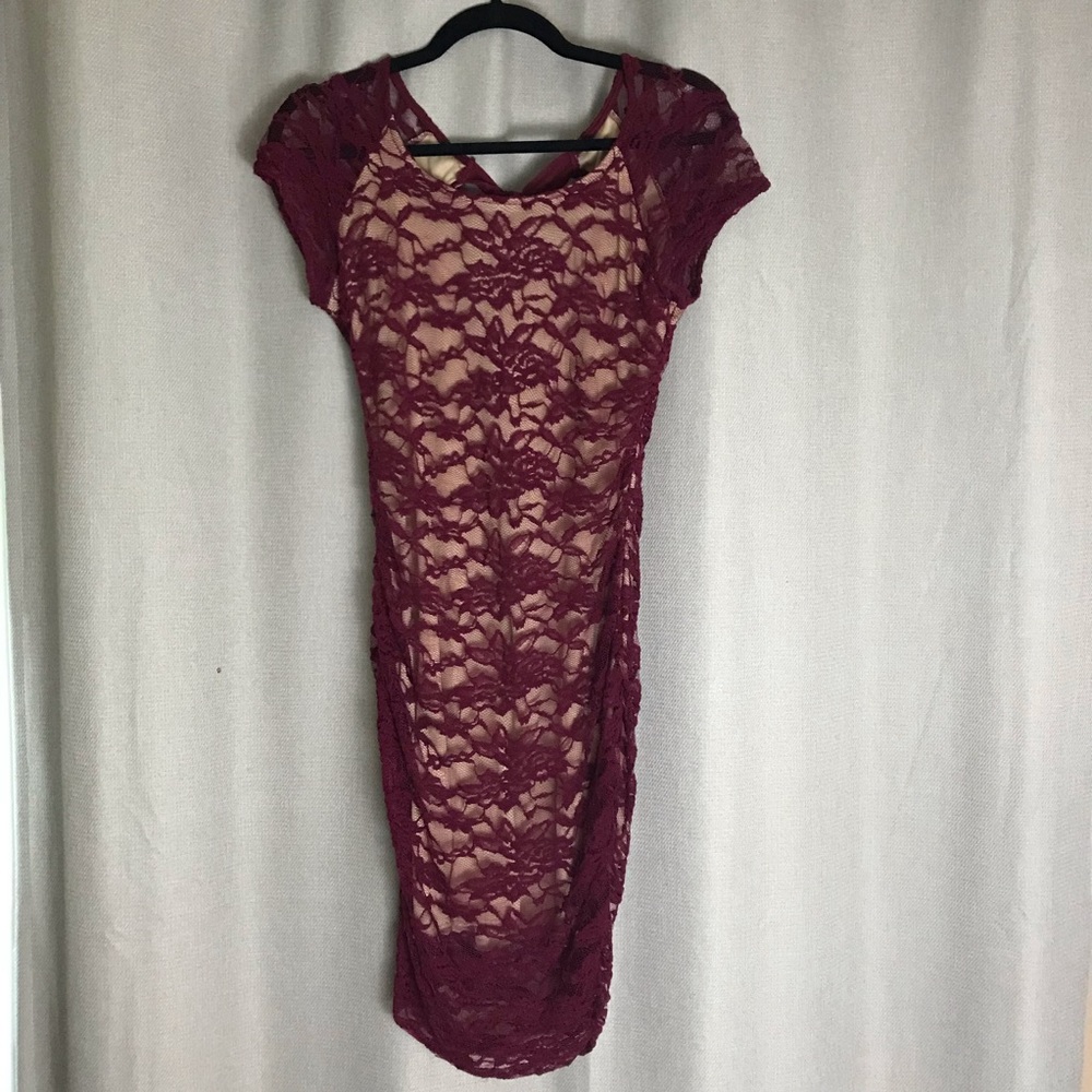 Cocktail Dress Burgundy Lace Overlay